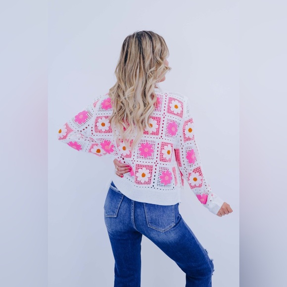 Pink fuchsia Crochet Knit lace button boho embroidered cardigan bohemian sweater - Picture 15 of 17